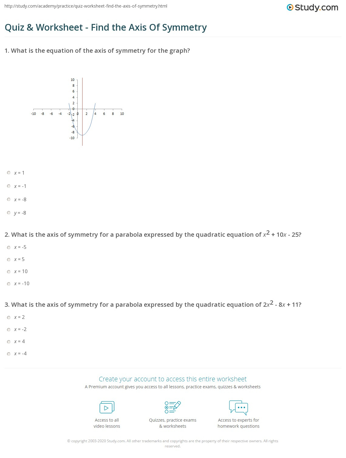 Quiz Worksheet Find The Axis Of Symmetry Study