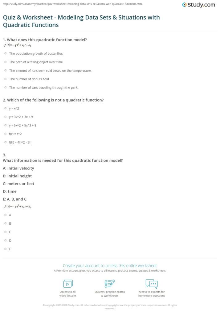 Quiz Worksheet Modeling Data Sets Situations With Quadratic 