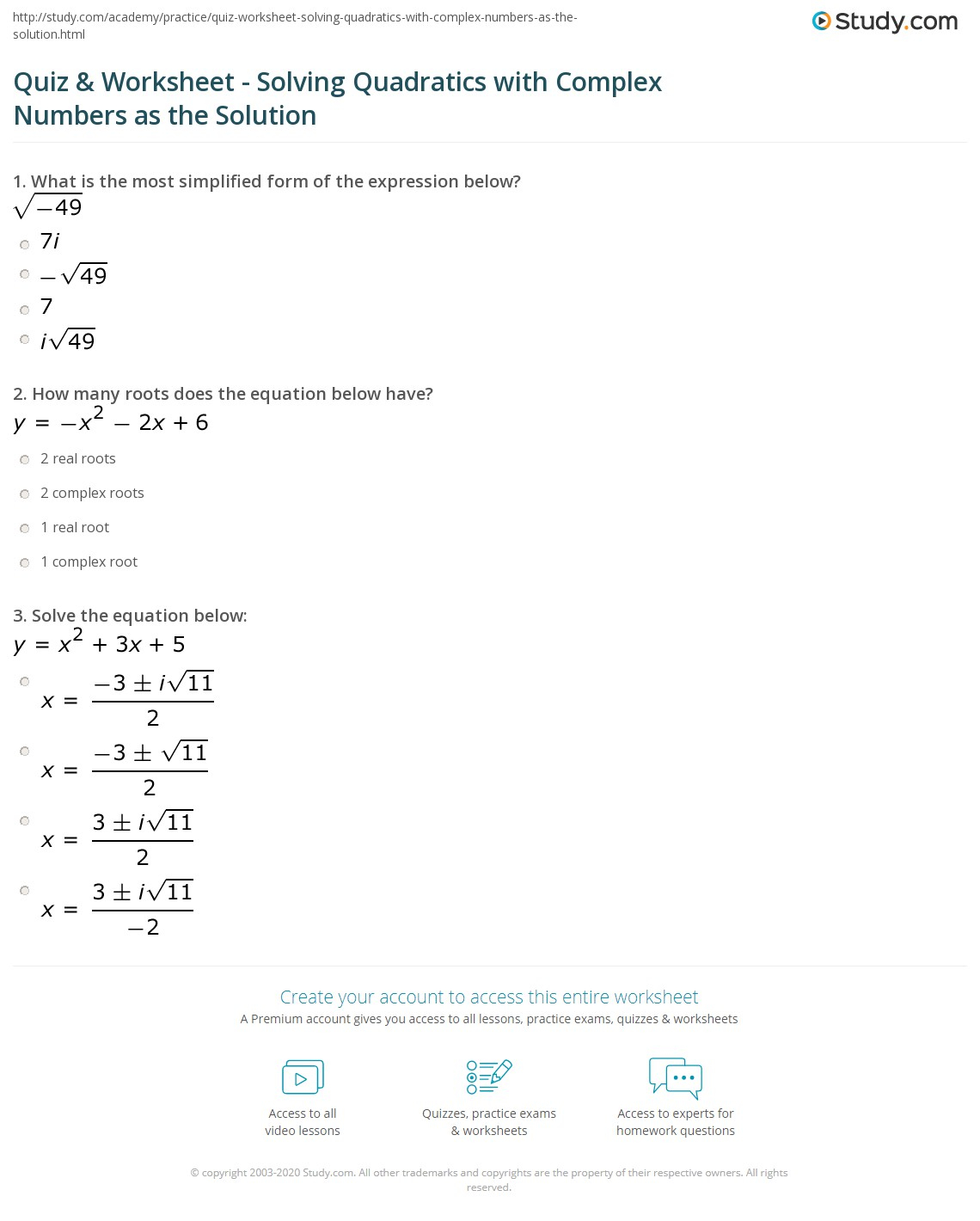 Quiz Worksheet Solving Quadratics With Complex Numbers As The