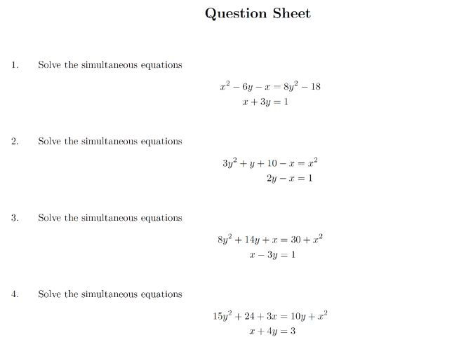 Simultaneous Equations One Linear One Quadratic Worksheets Teaching 