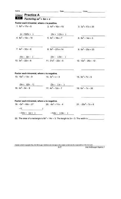 Solving Equations By Factoring Ax2 Bx C Worksheet Answers Tessshebaylo