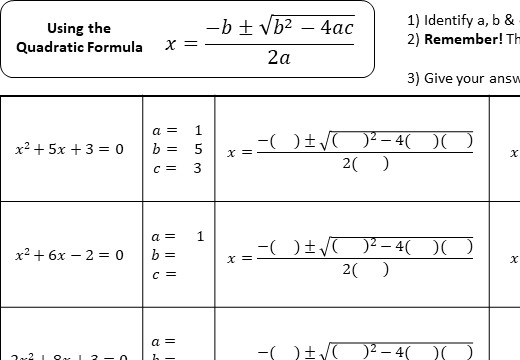 Solving Quadratic Equations Using The Quadratic Formula Go Teach 