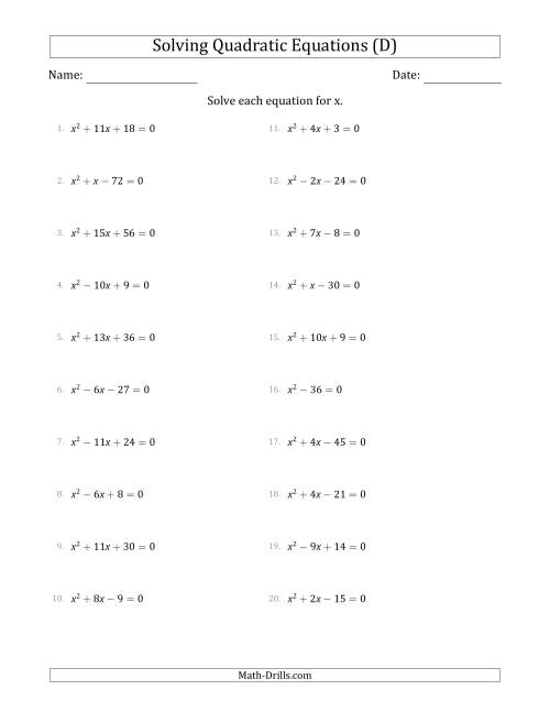 Solving Quadratic Equations With Positive a Coefficients Of 1 D 