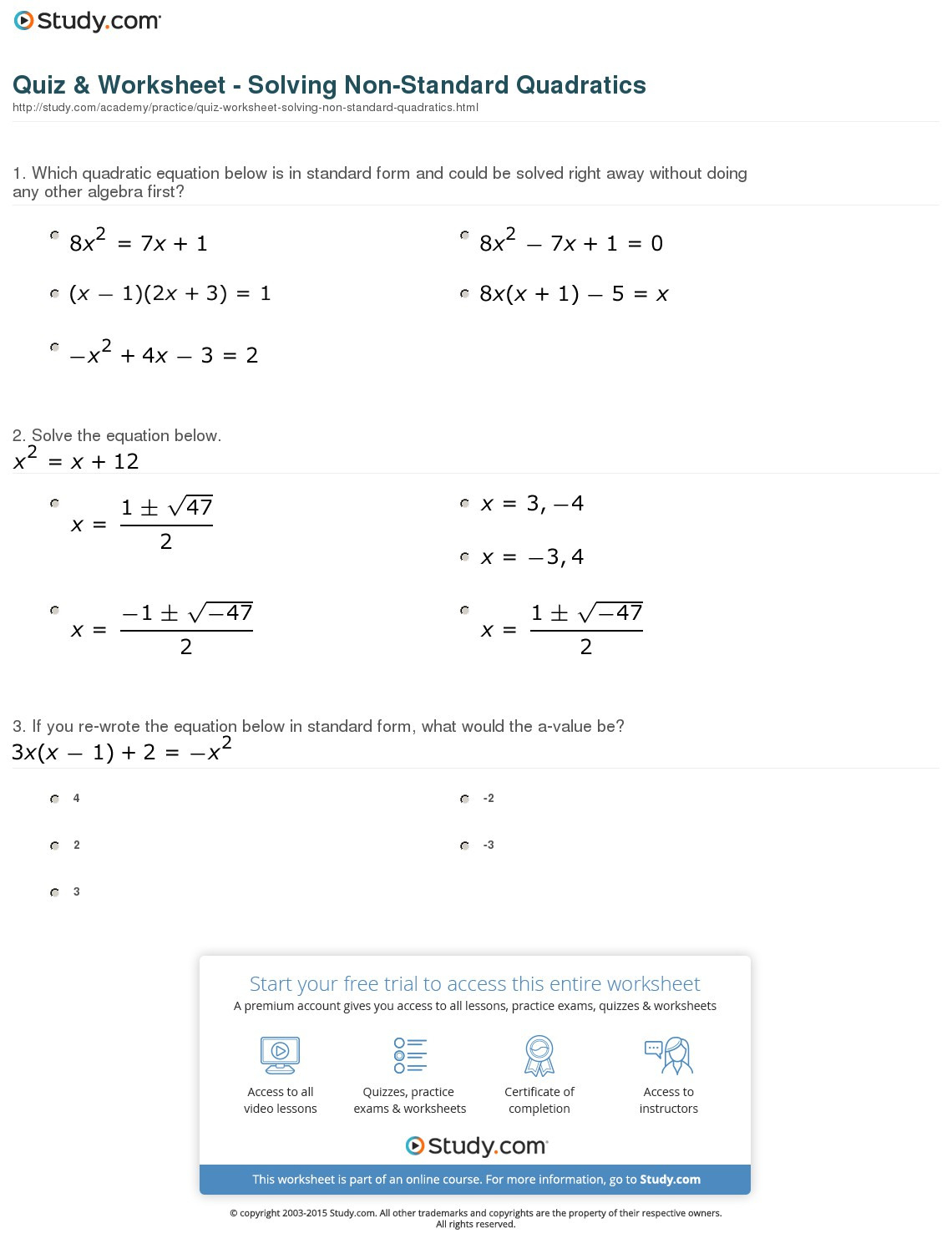 solving quadratic equations worksheet all methods