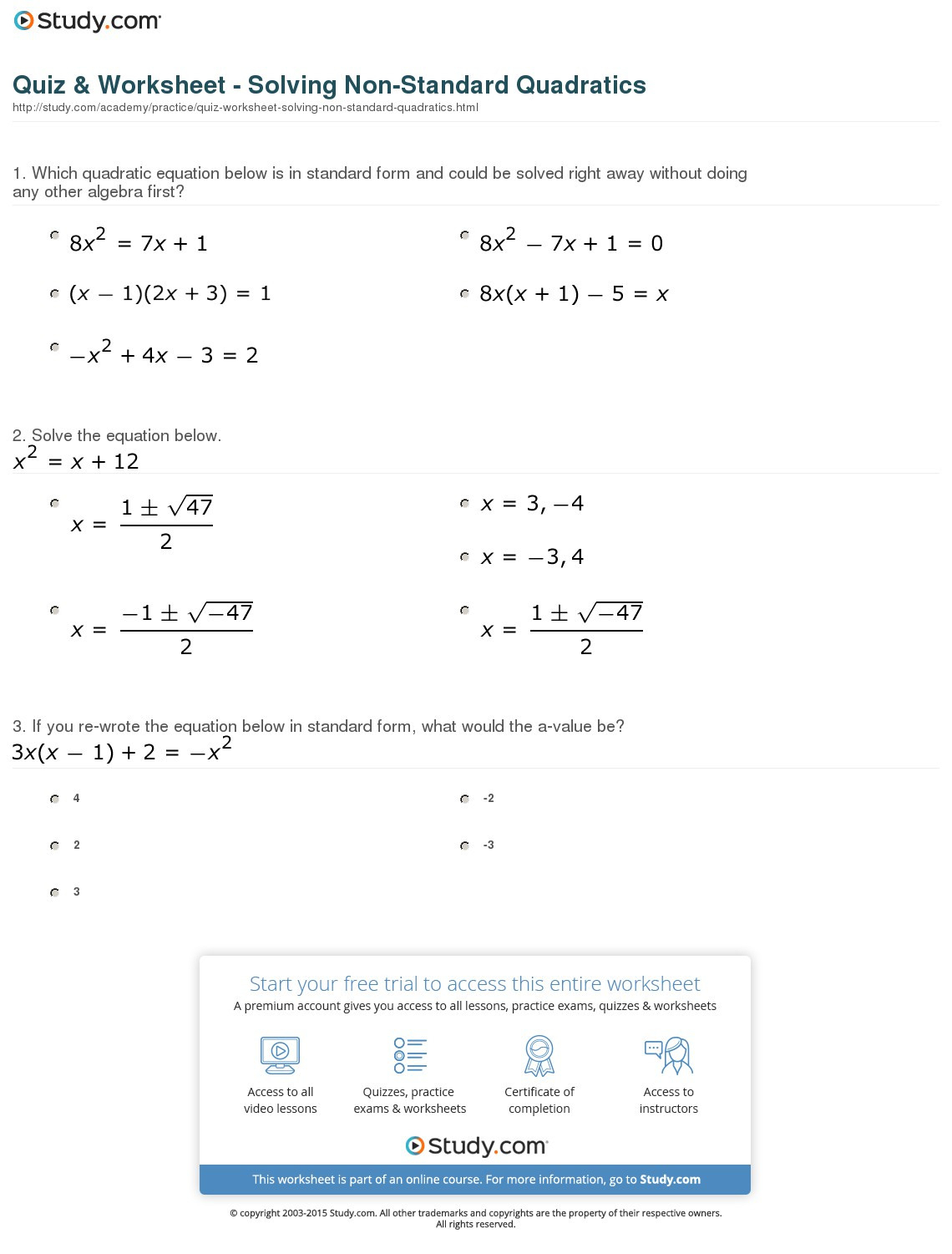 Solving Quadratic Equations Worksheet All Methods Db excel