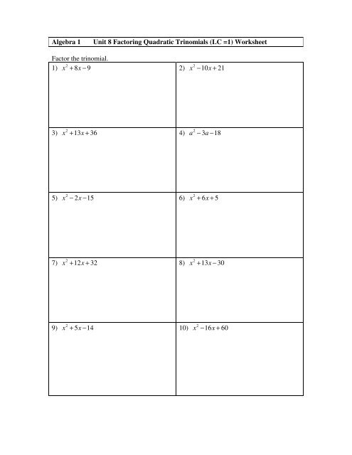 Unit 8 Quadratic Equations Homework 1