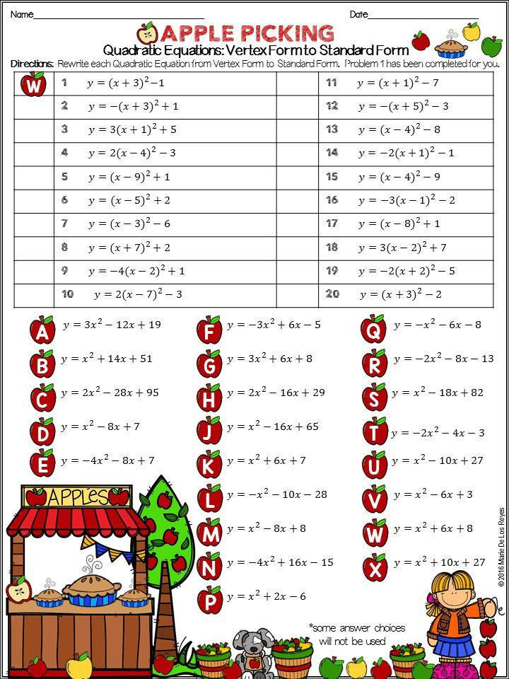 Writing Quadratic Equations Vertex Form To Standard Form Practice 