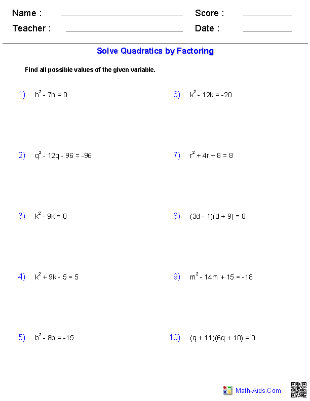 Algebra 1 Worksheets Quadratic Functions Worksheets Quadratics