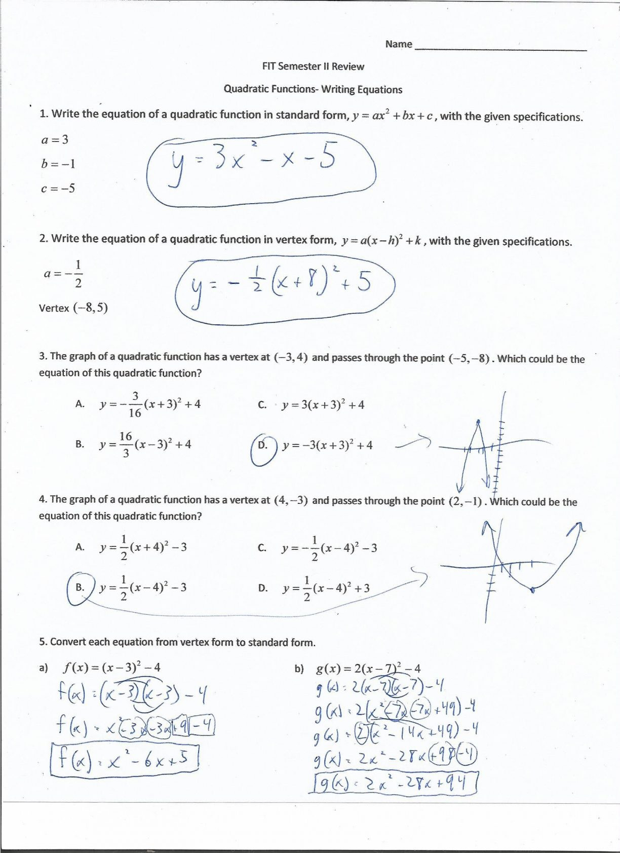 Characteristics Of Linear Functions Practice Worksheet B Answer Key