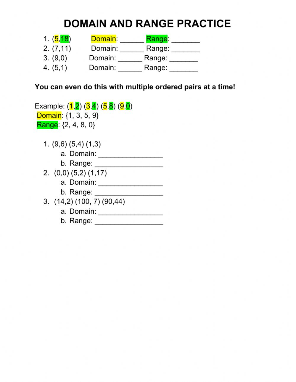 Domain Range Practice Worksheet