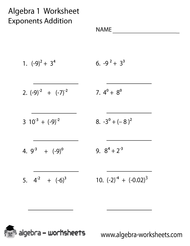 Exponents Addition Algebra 1 Worksheet Printable Algebra 2 Worksheets 