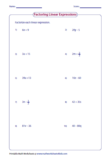Factor The Common Factor Out Of Each Expression Worksheet Answers Algebra 1
