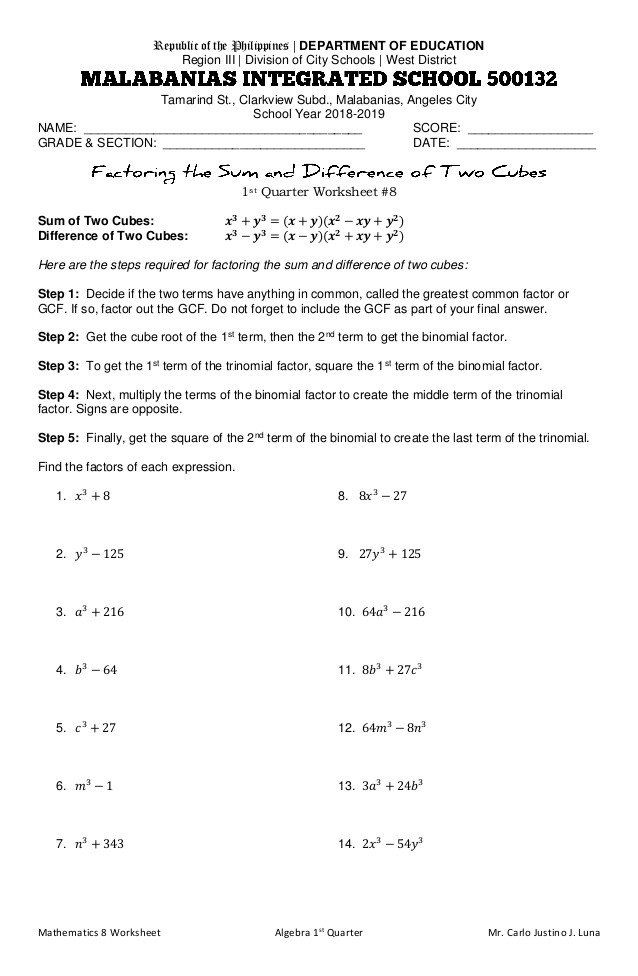 Factoring Greatest Common Factor Worksheet Factoring The Sum And