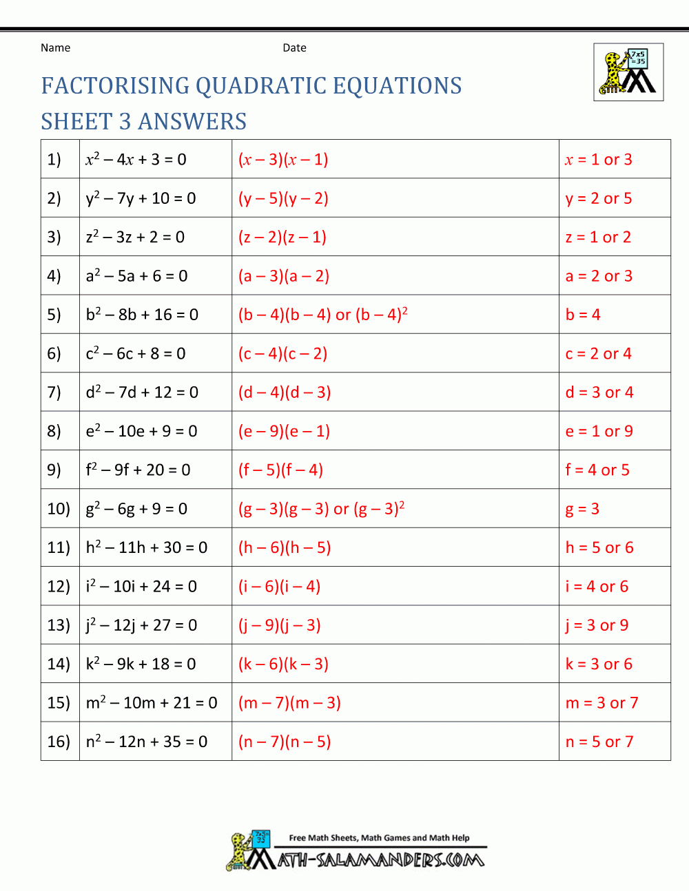 quadratic equation factoring worksheet