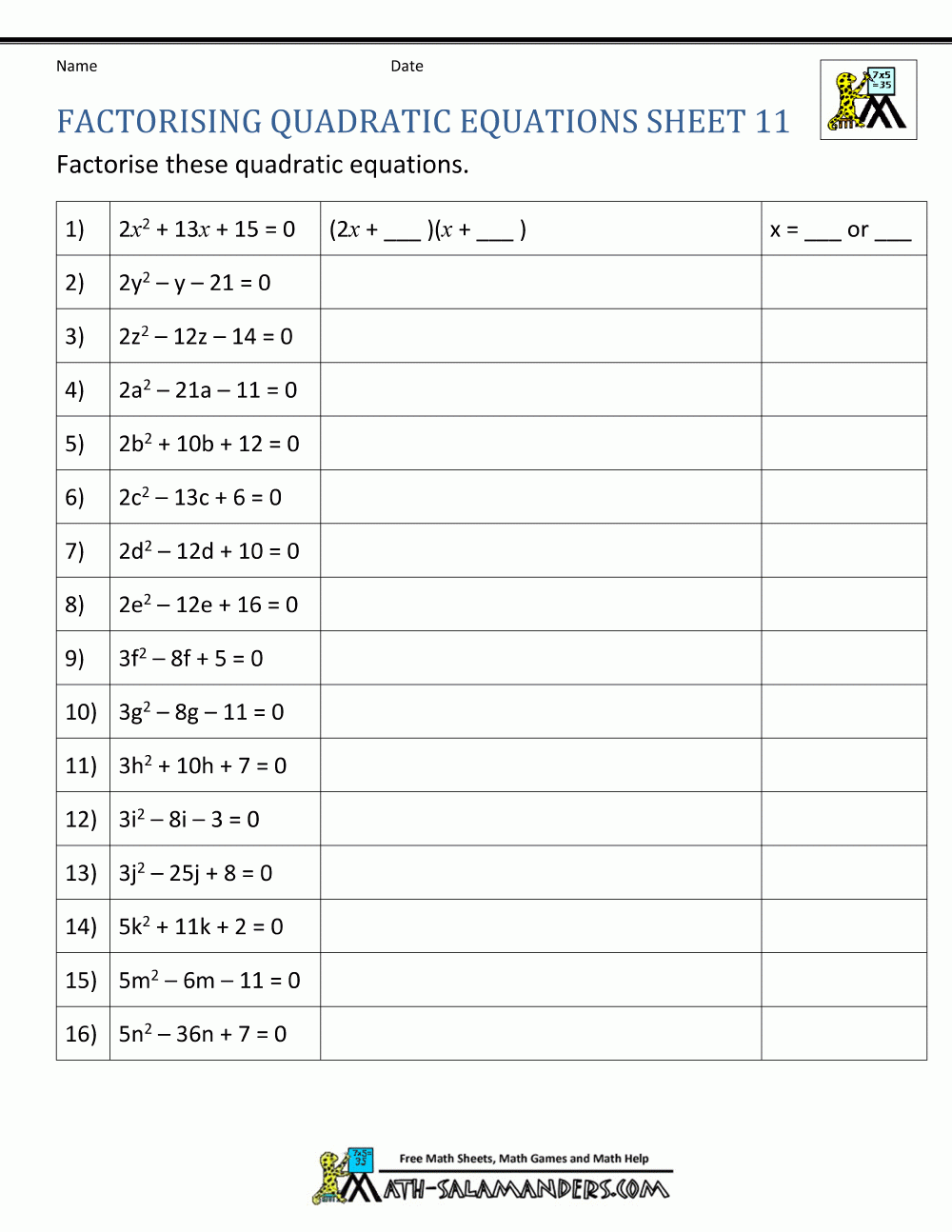 Factoring Quadratic Equations