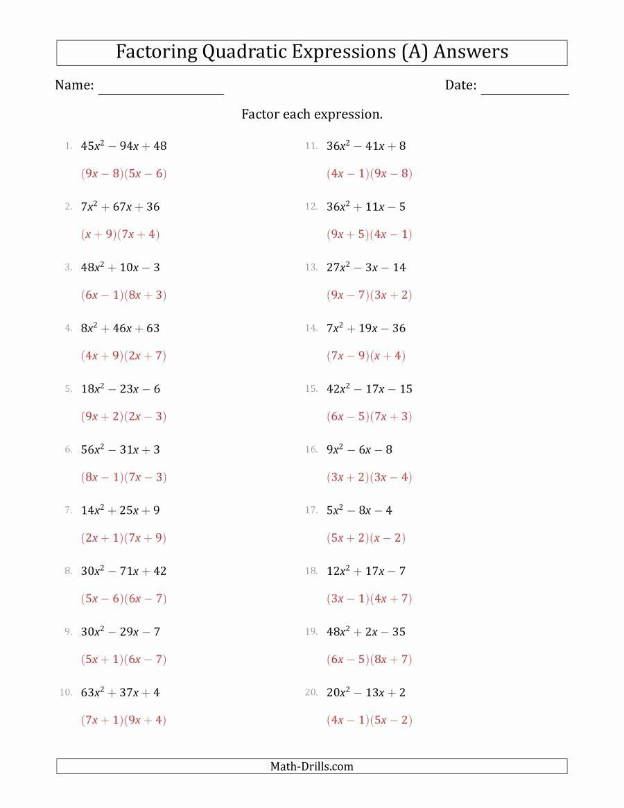 Factoring Quadratic Expressions Worksheet Answers WERT SHEET