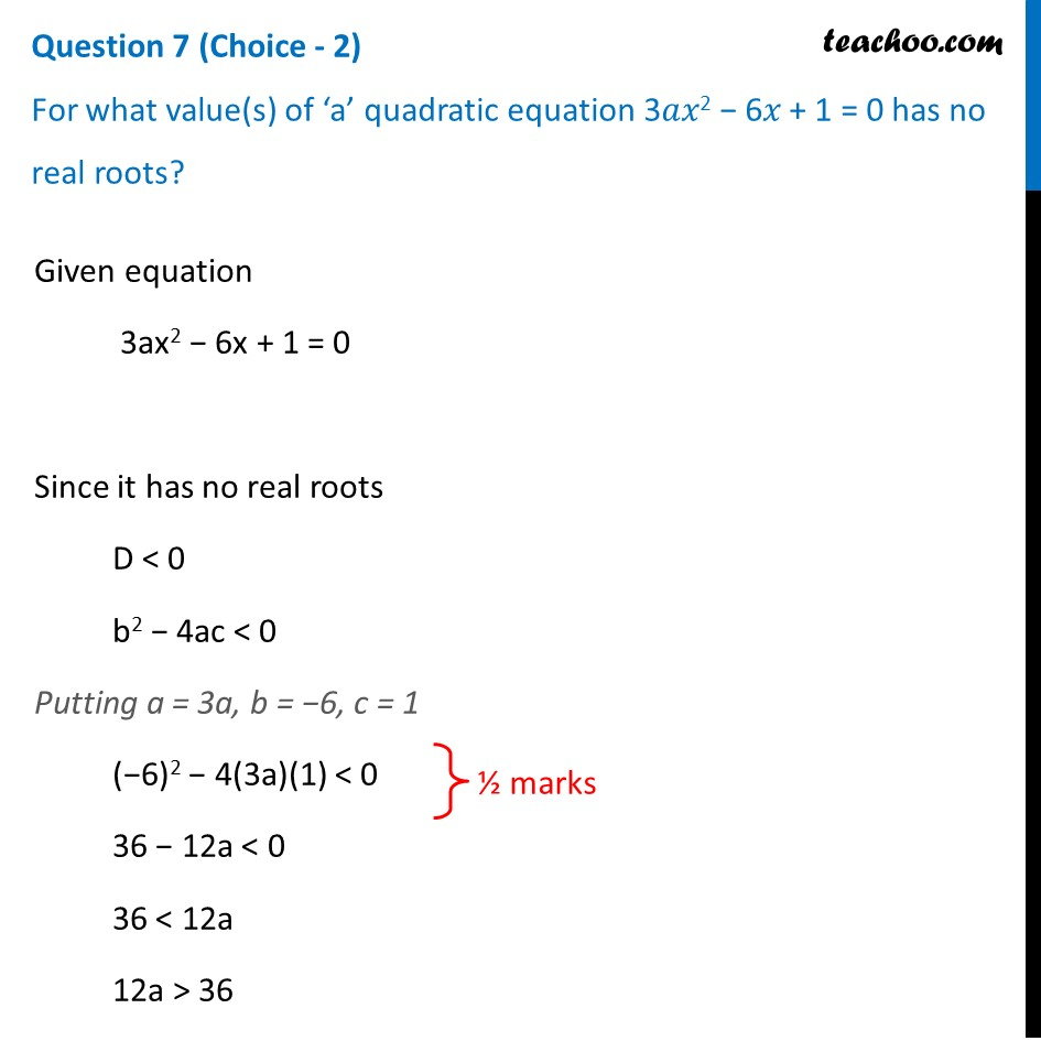 For What Value s Of a Quadratic Equation 3ax 2 6x 1 0 Has No
