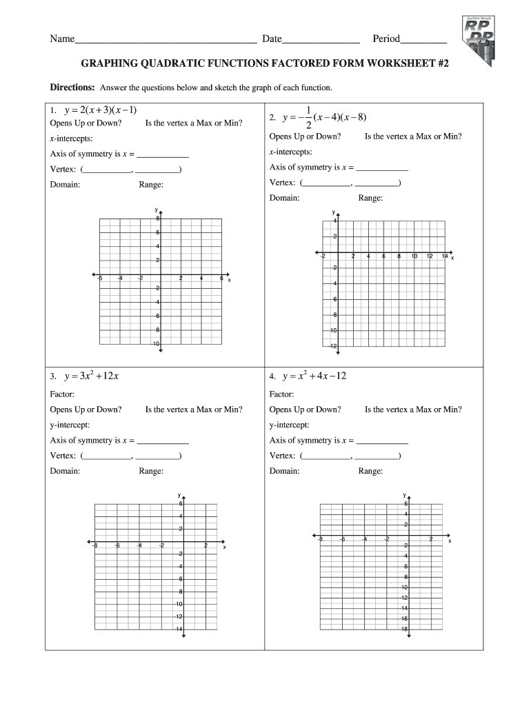 Graphing Quadratic Functions Factored Form Worksheet 2 Answers Fill 