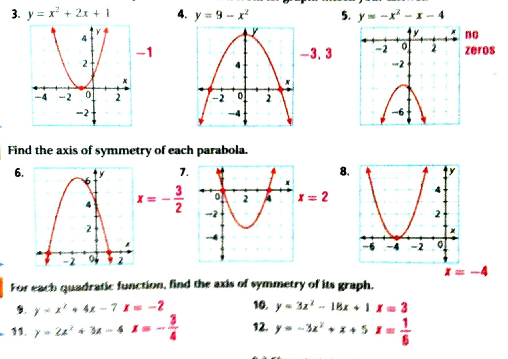 Algebra 1 Characteristics Of Quadratic Functions Worksheet