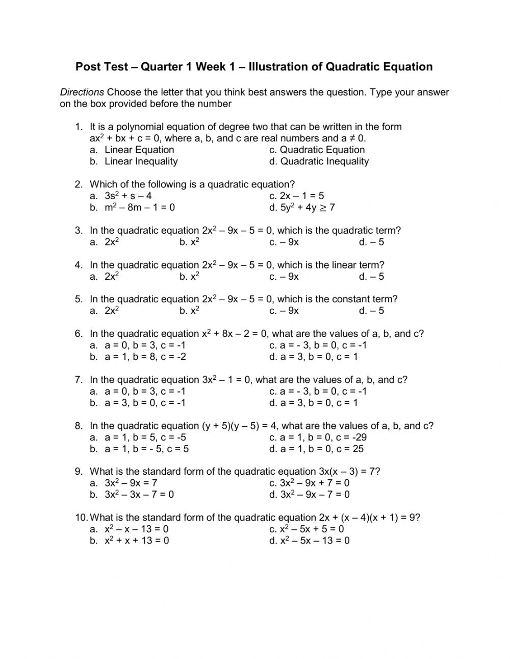 Mathematics 9 Quarter1 Week1 Post Test Summative Test In Illustration