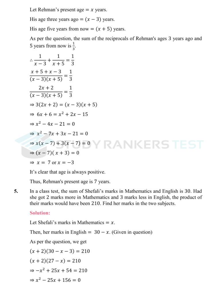 NCERT Solutions For Class 10 Maths Chapter 4 Quadratic Equations