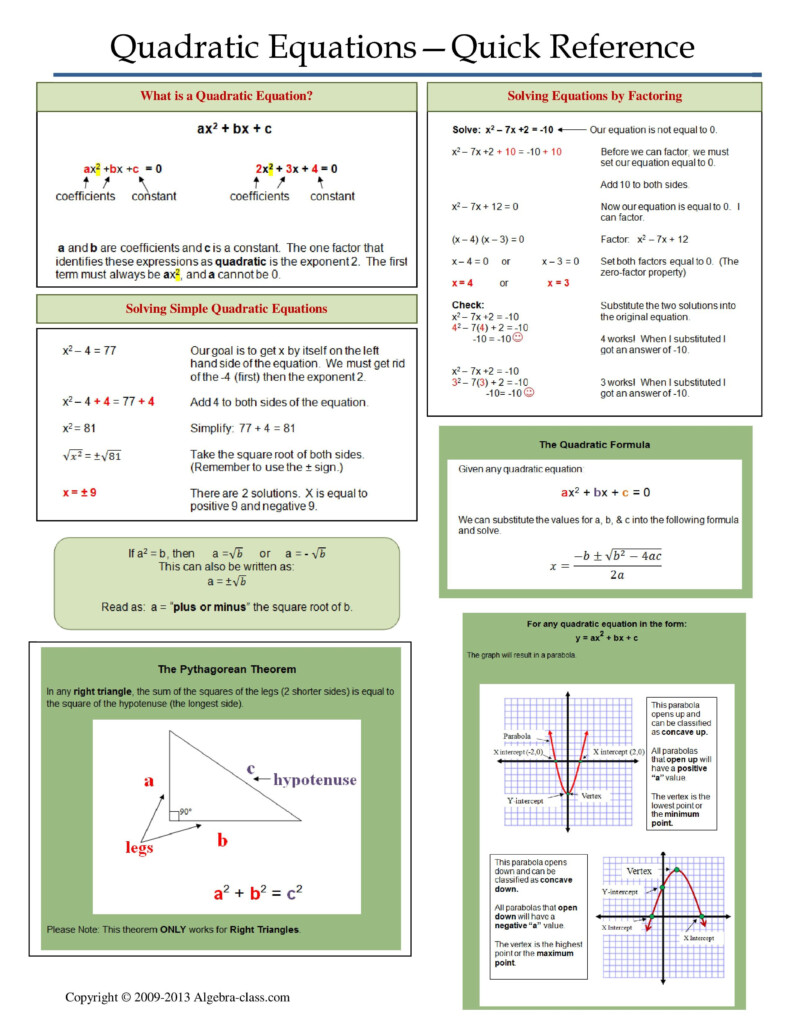 One Page Notes Worksheet For Quadratic Equations Unit Quadratics 