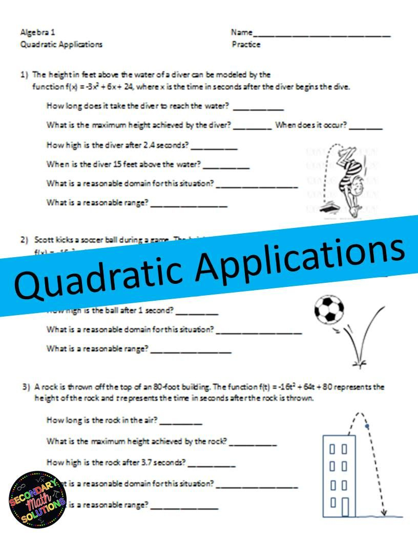 Quadratic Application Worksheet Worksheet