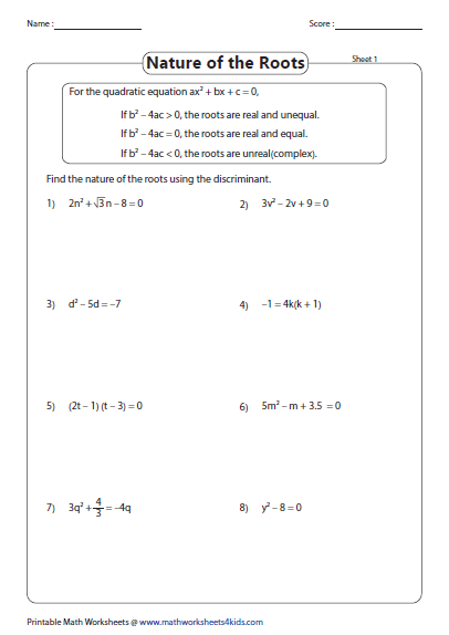 Quadratic Equation Worksheet With Answer Key Kidsworksheetfun