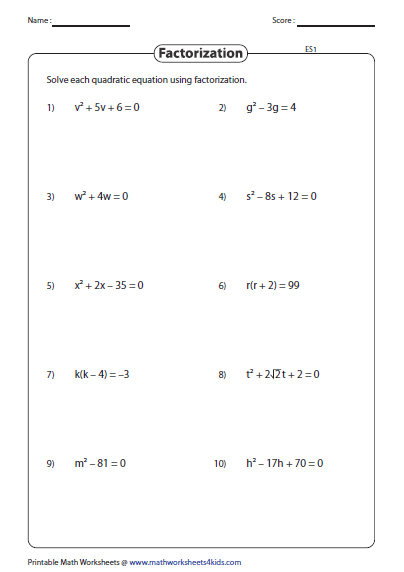 Quadratic Equation Worksheet With Answer Key Kidsworksheetfun