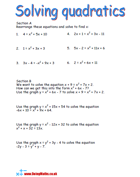 Quadratic Equations Free Worksheets PowerPoints And Other Resources 