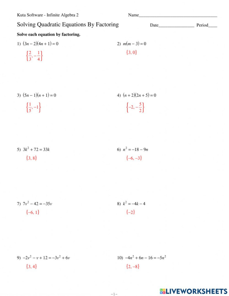 Quadratic Equations Worksheet