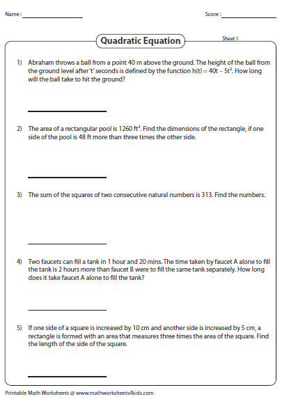 Quadratic Formula Word Problems Worksheet Worksheet