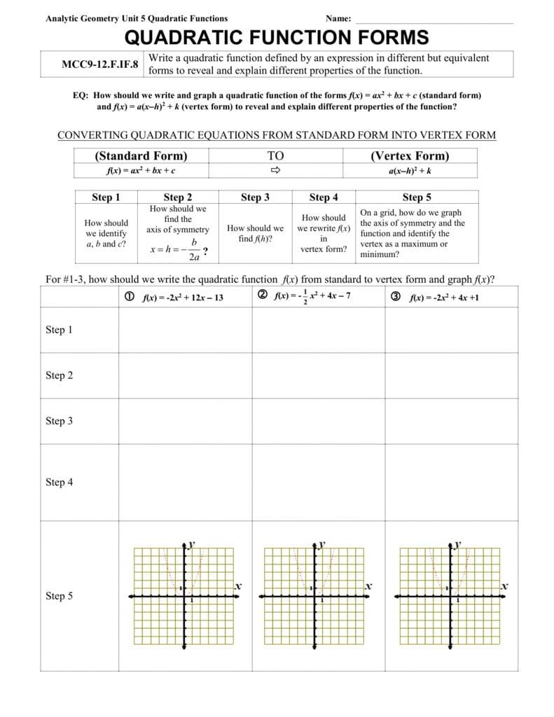 Quadratic Function Form Worksheet Db excel