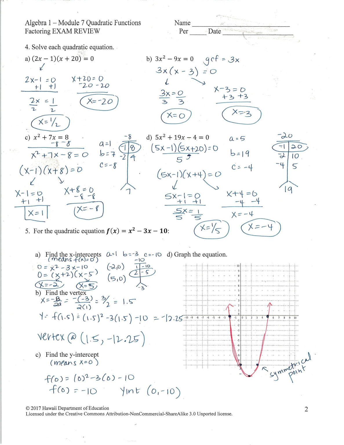 Quadratic Function Worksheets