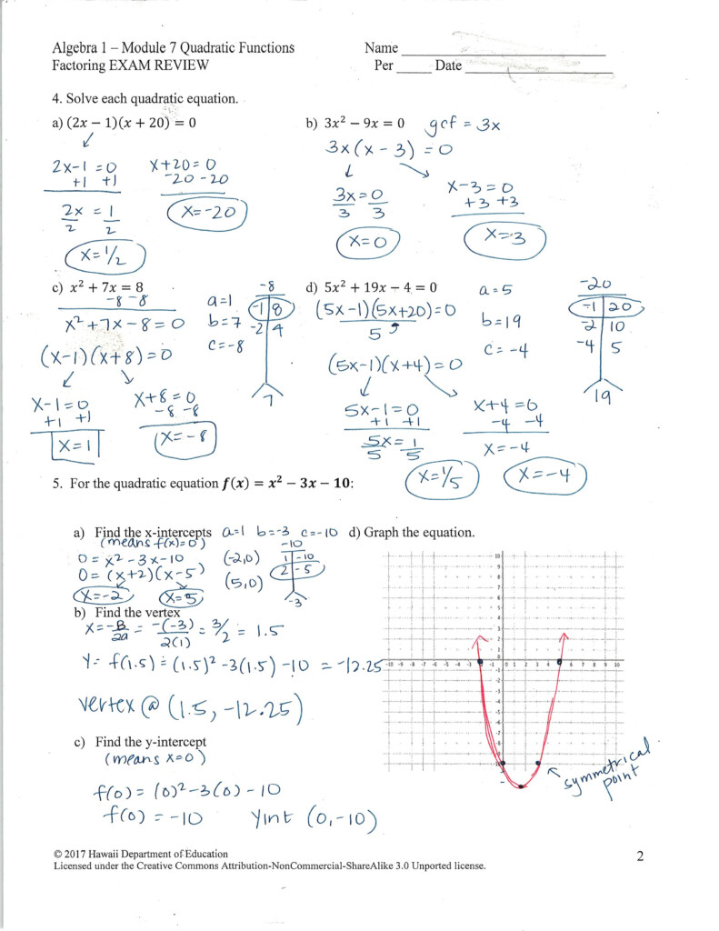 Quadratic Functions Standard Form Worksheet Answers Printable 