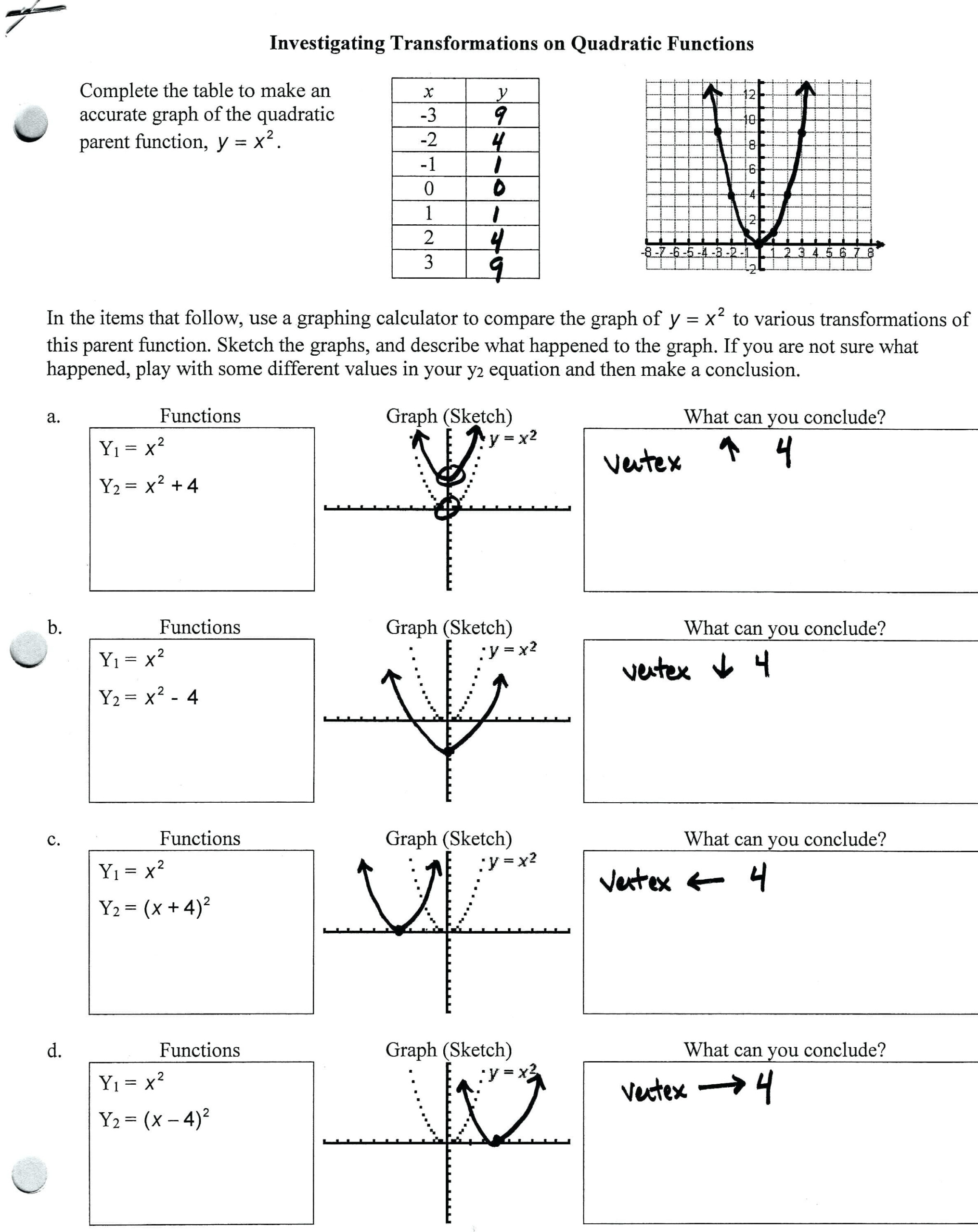 Quadratic Transformations Worksheet Db excel