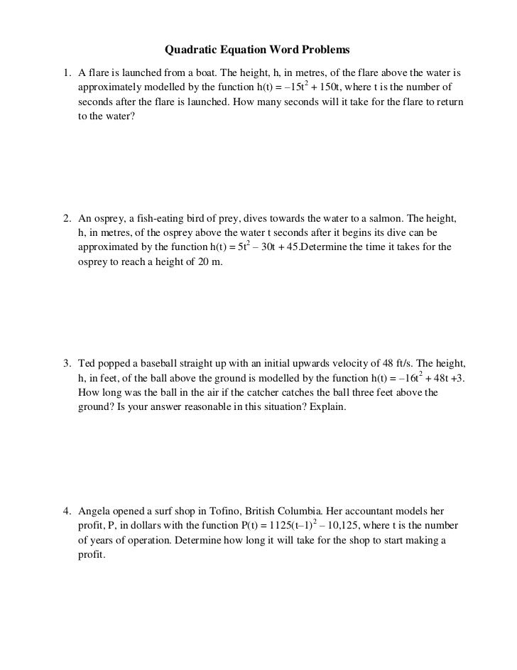 Quadratic Word Problems Worksheet Worksheet