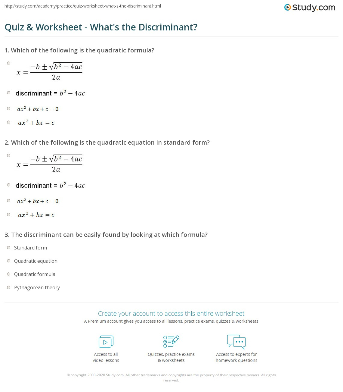 Quiz Worksheet What s The Discriminant Study