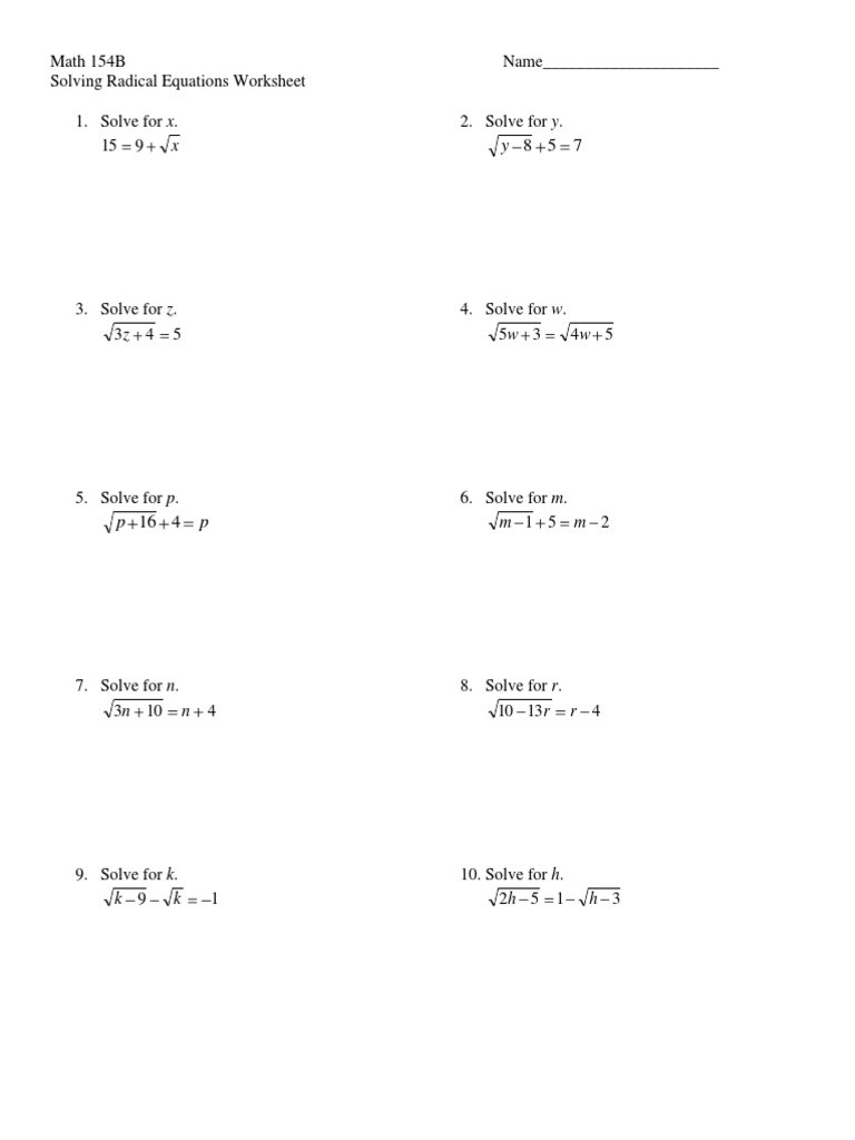 Radicals Grade 9 Worksheet