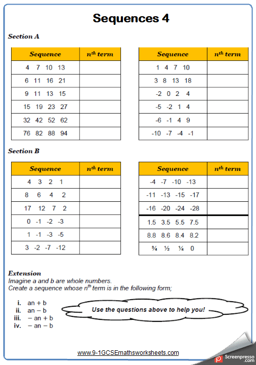 Sequences Worksheet Practice Questions Cazoomy