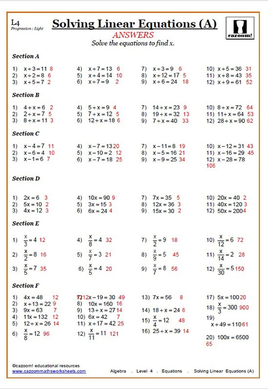 Solving Equations Worksheets Cazoom Maths Worksheets