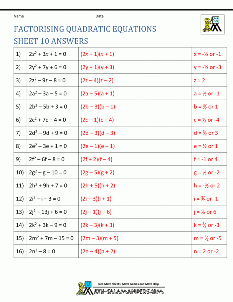 Solving Quadratics By Factoring Worksheet Answer Key Example 