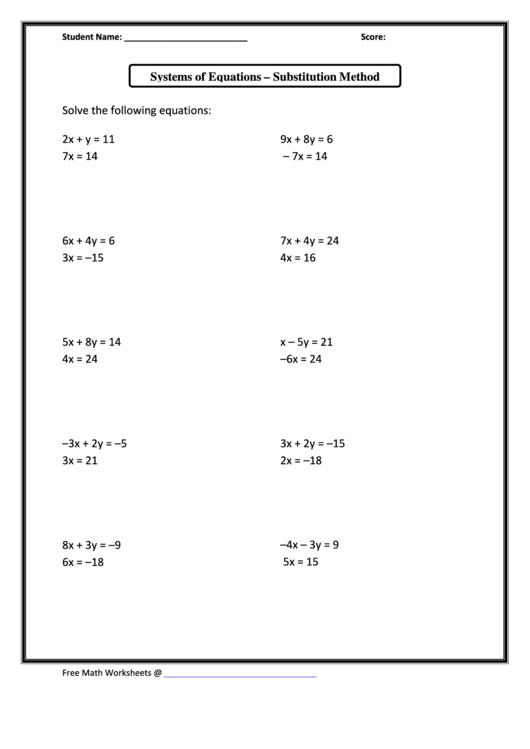 Substitution Method Worksheet Answers Escolagersonalvesgui
