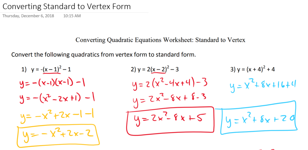 39 Converting Quadratic Equations Worksheet Standard To Vertex 