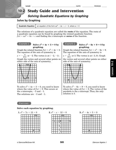 4 2 Practice Solving Quadratic Equations By Graphing Answer Key 