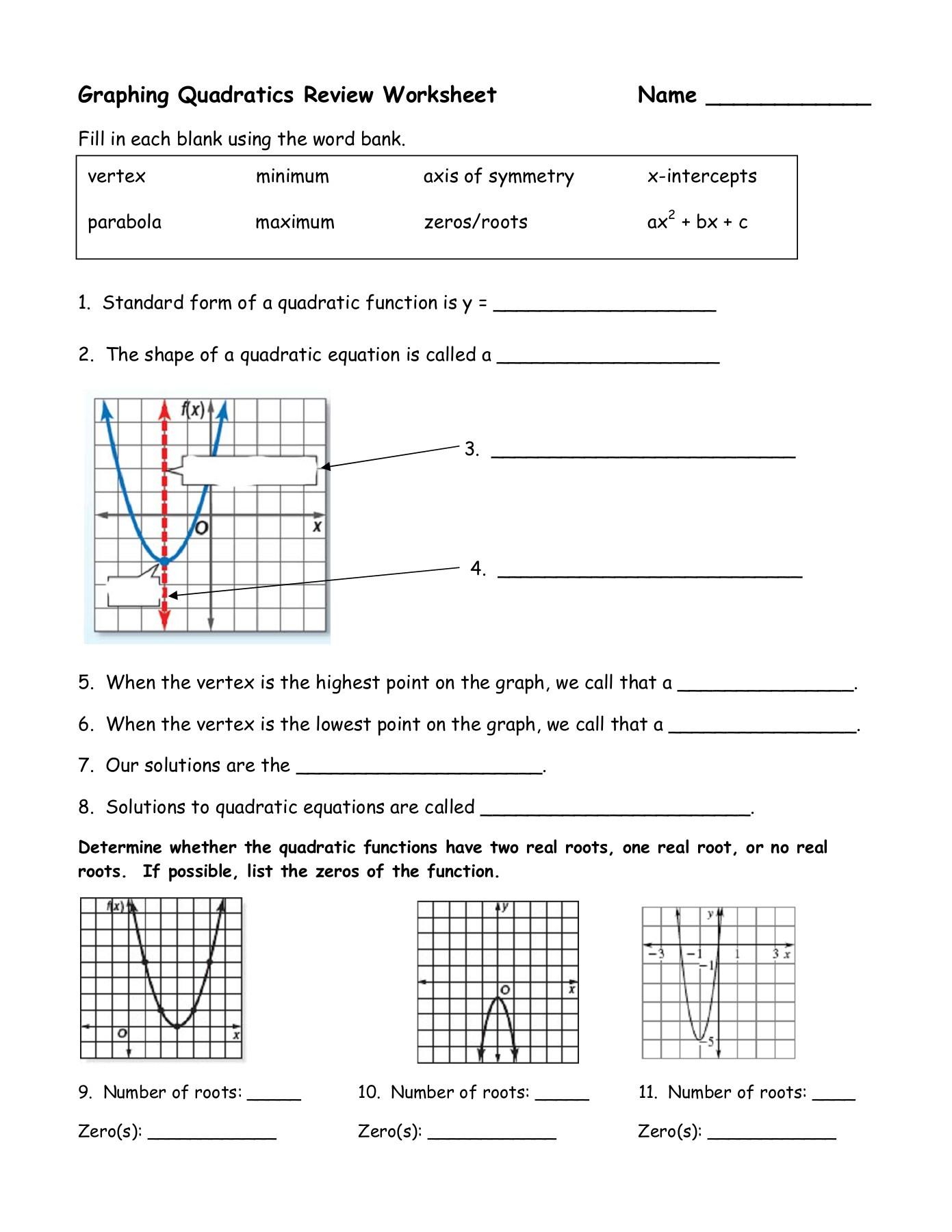 Algebra 2 Quadratic Functions Review Worksheet Function Worksheets