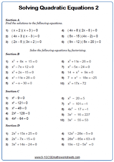 Algebra 2 Solving Quadratic Equations By Factoring Worksheet Answers 