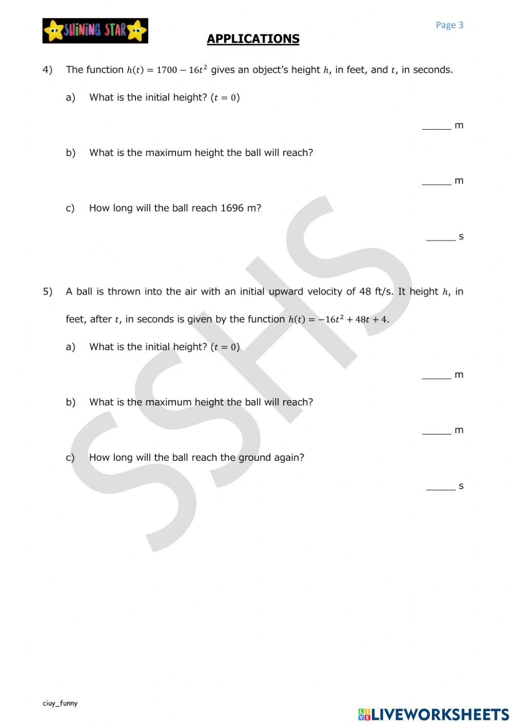 Applications Quadratic Functions Worksheet