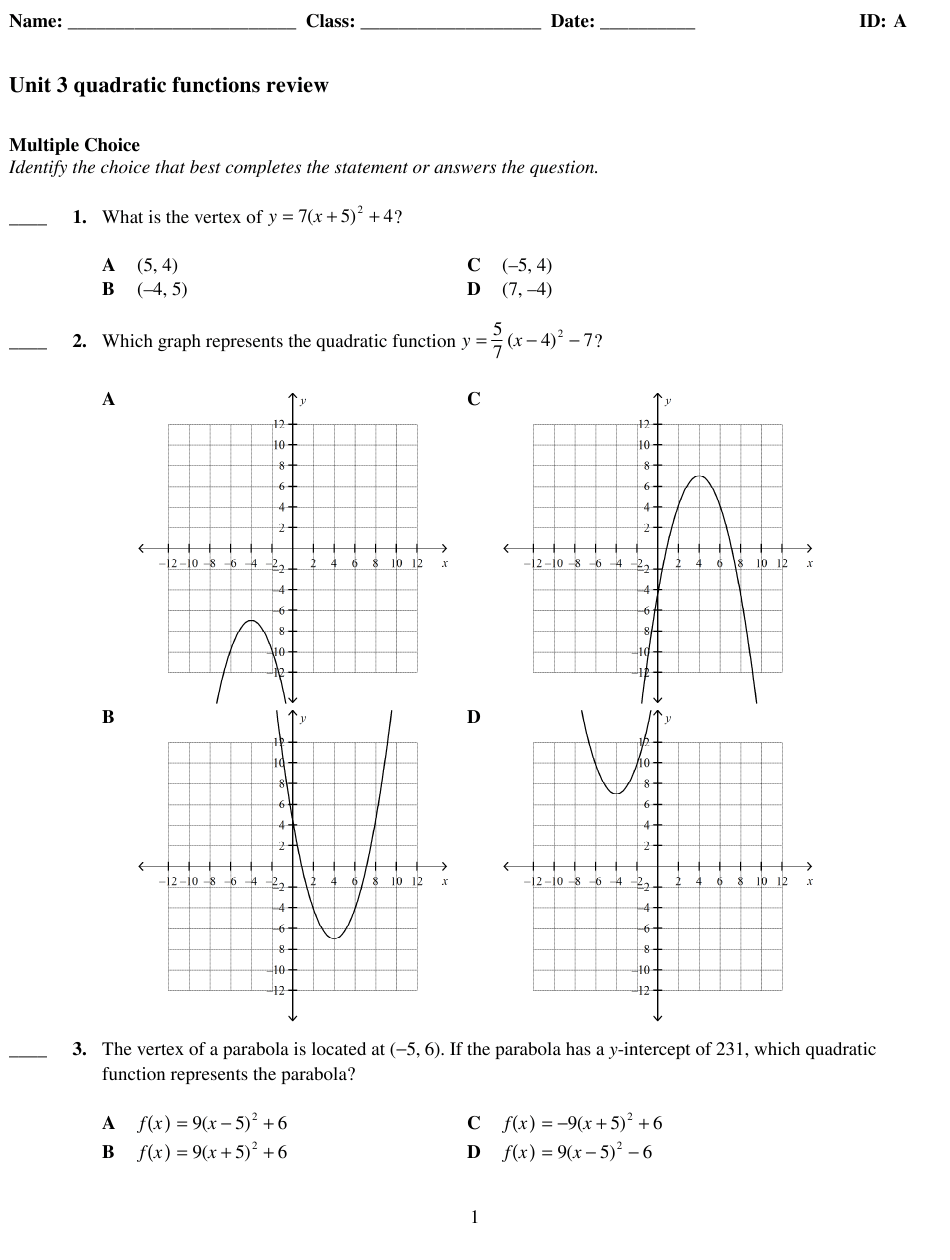 Characteristics Of Quadratic Functions Worksheet