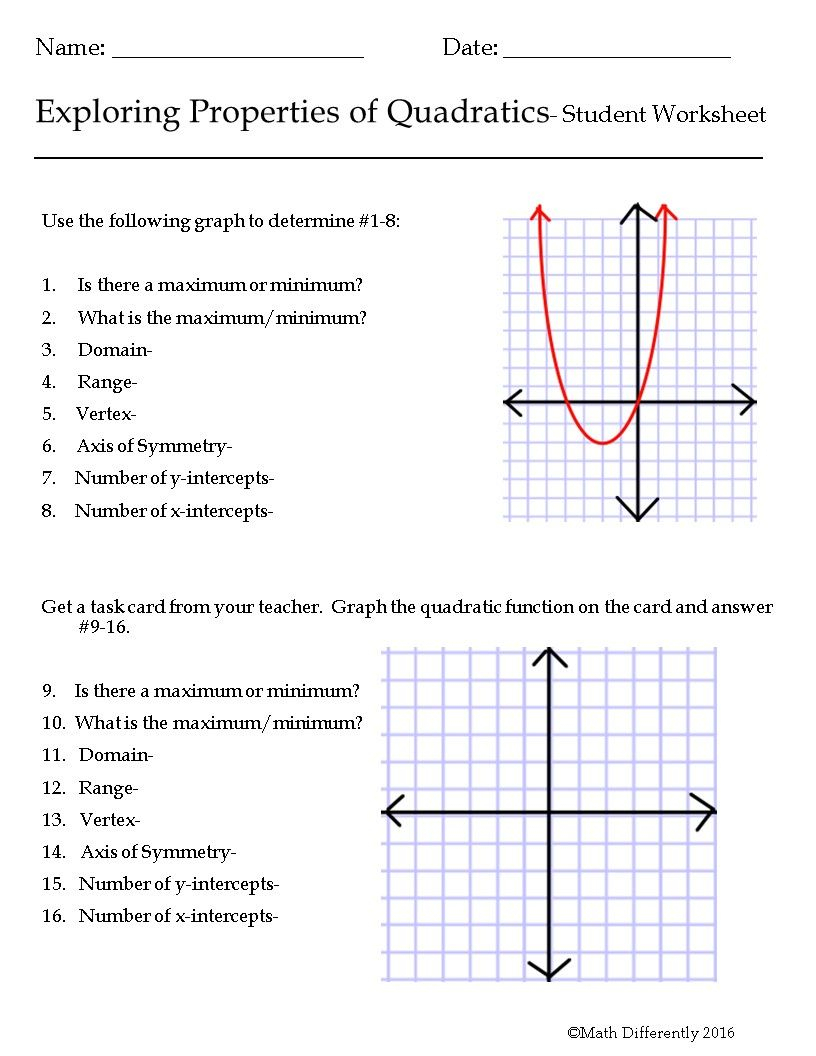 Characteristics Of Quadratic Functions Worksheet Algebra 2 Function